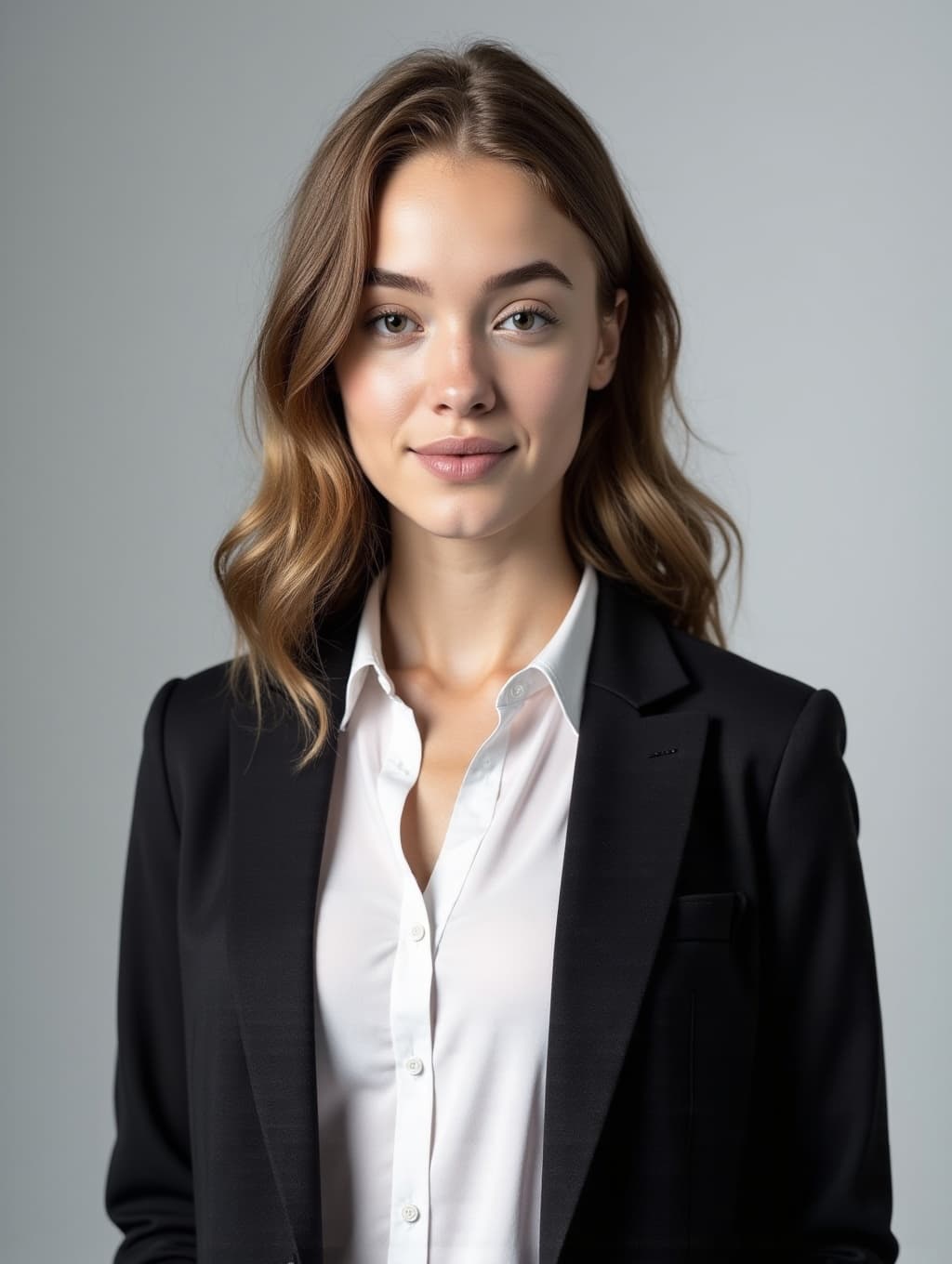 A professional portrait of the same woman depicted in the selfies with a neutral studio background