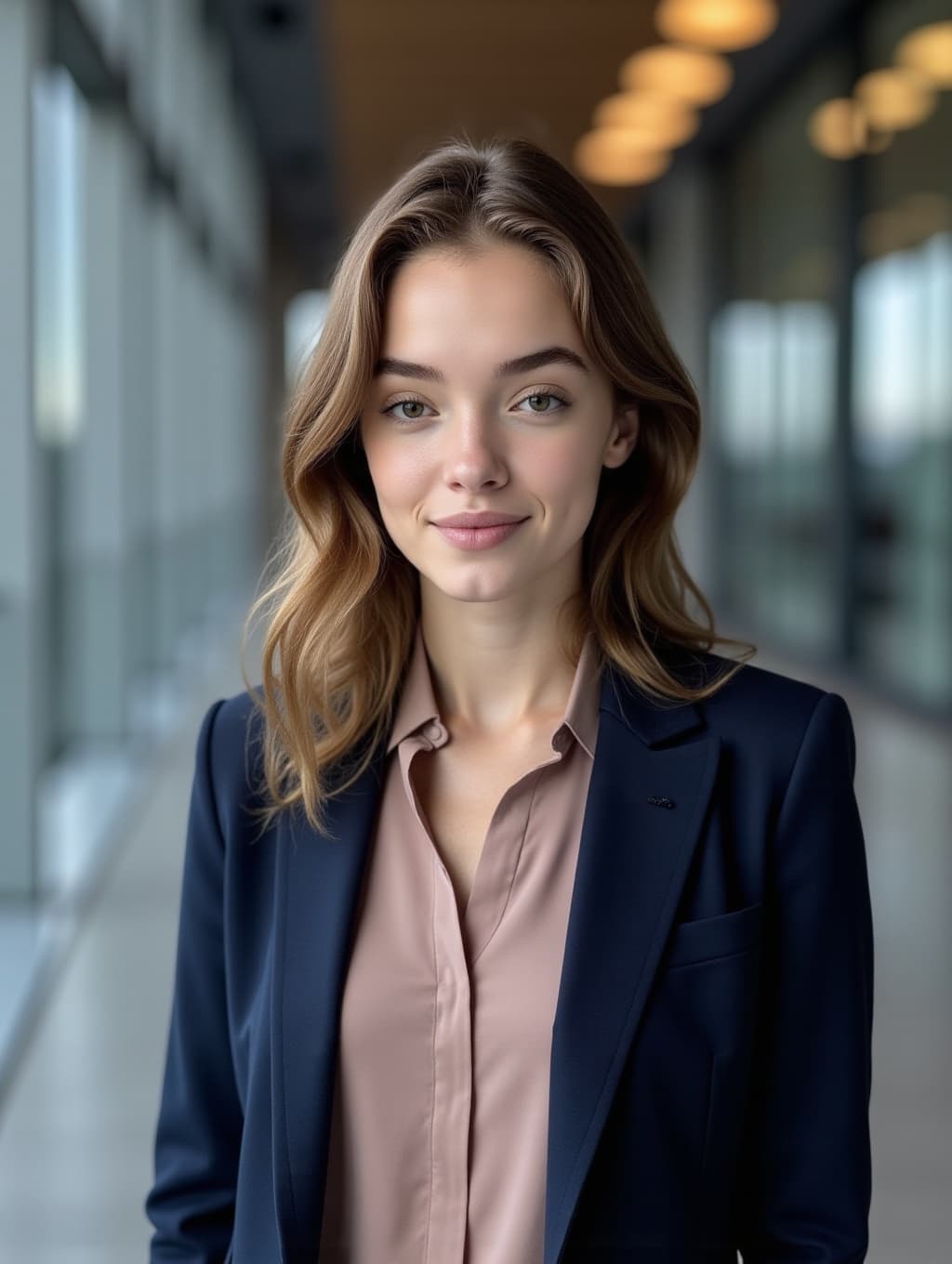 A professional headshot of the same woman depicted in the selfies with a modern office background