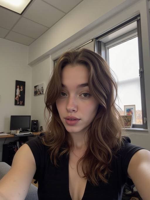 A wide-angle selfie of a womain in an office, a window in the background